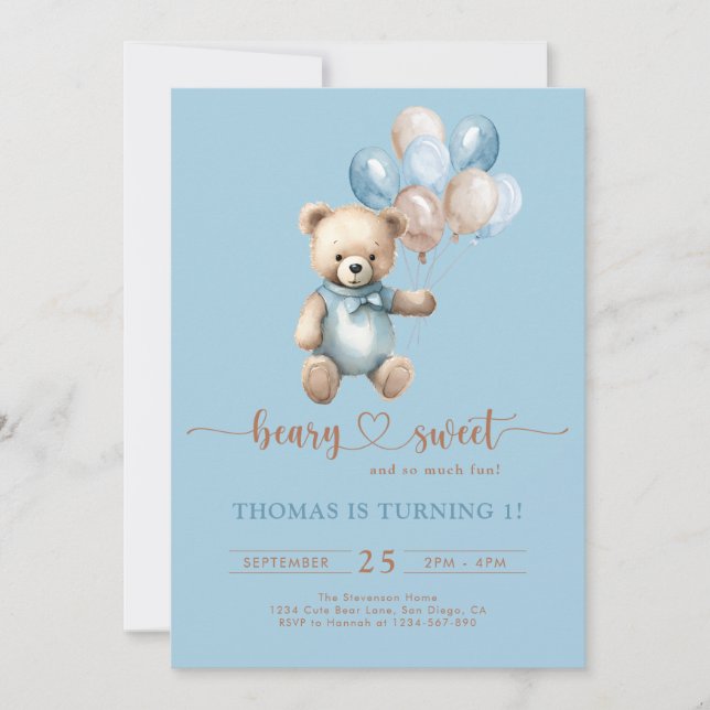 Invitation Béaire Bleu Sweet Boy 1er Anniversaire Teddy Bear  (Devant)