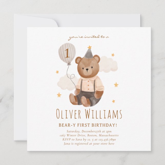 Invitation bear 1st birthday blue balloon (Devant)