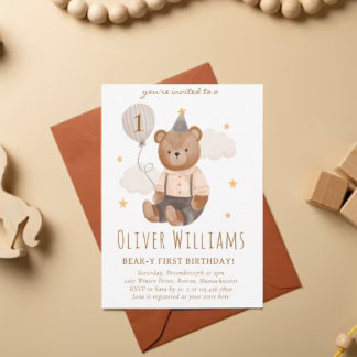 Invitation bear 1st birthday blue balloon einladung