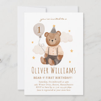 Invitation bear 1st birthday blue balloon einladung