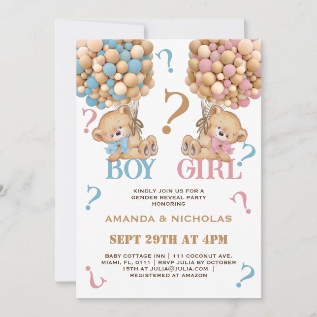Invitation Bear Baby Reveal Balloons Minimal (Devant)