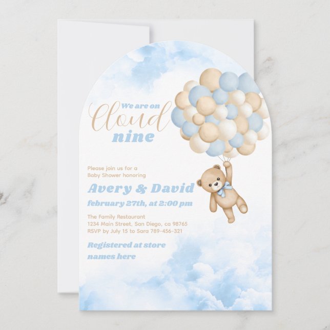 Invitation Bear Balloon Cloud Neuf Fluffy Baby Boy Douche (Devant)