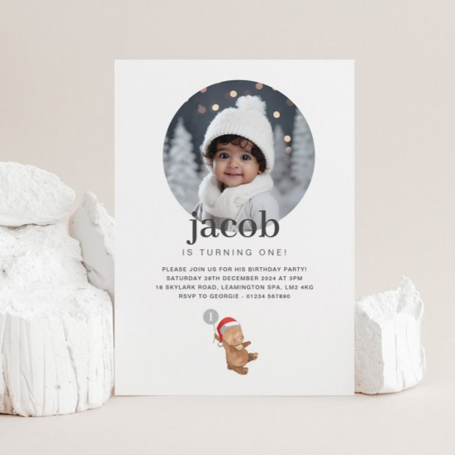 Invitation Bear Balloon Santa Hat - Photo Anniversaire (Bear Balloon Santa Hat - Photo Birthday Invitation)