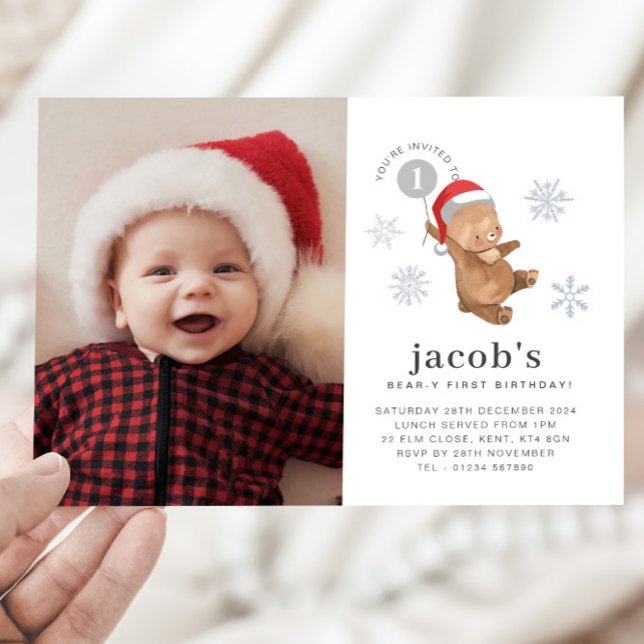 Invitation Bear Balloon Santa Hat photo premier anniversaire (Bear Balloon Santa Hat First Birthday Photo Invitation )