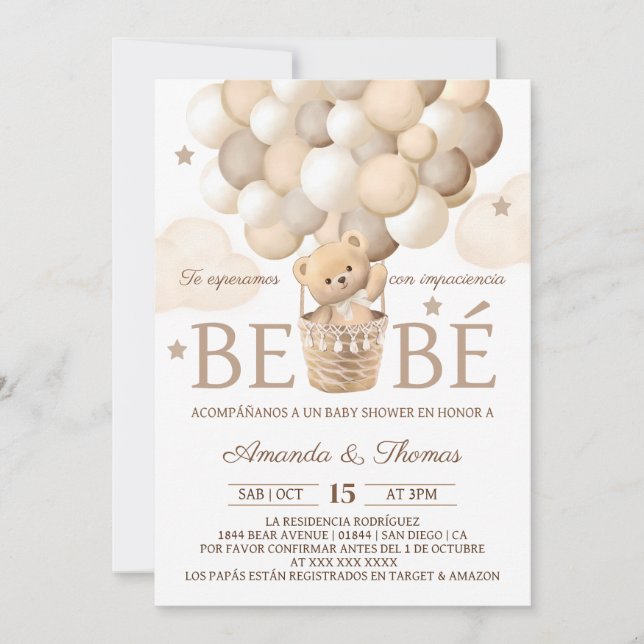 Invitation Bear Balloons Baby shower espagnol (Devant)