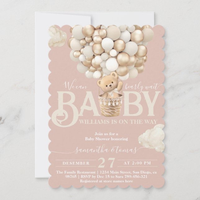 Invitation Bear Balloons Bearly Wait Baby Girl Douche (Devant)