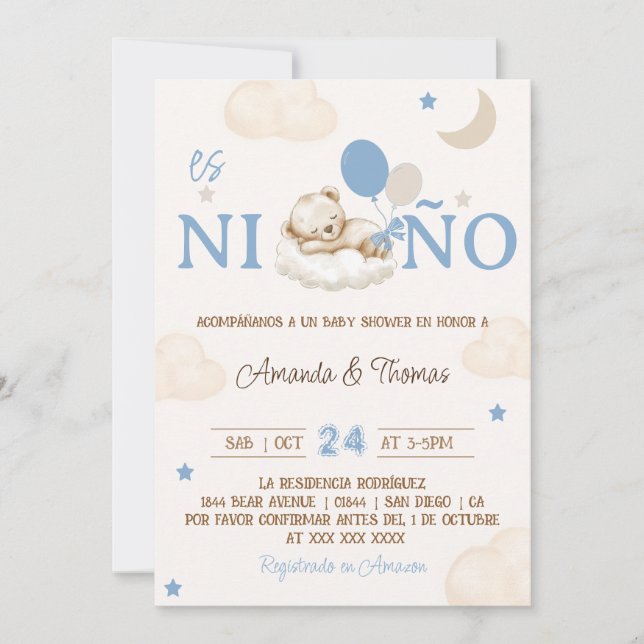 Invitation Bear Blue Boy Baby shower espagnol (Devant)