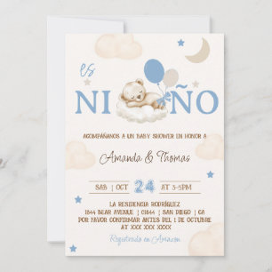 Invitation Bear Blue Boy Baby shower espagnol