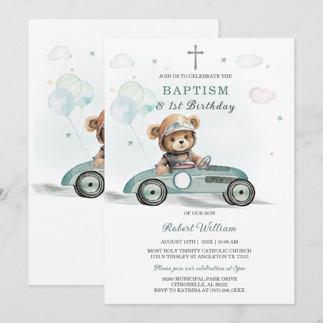 Invitation Bear Boy First Birthday and Baptism (Devant / Derrière)