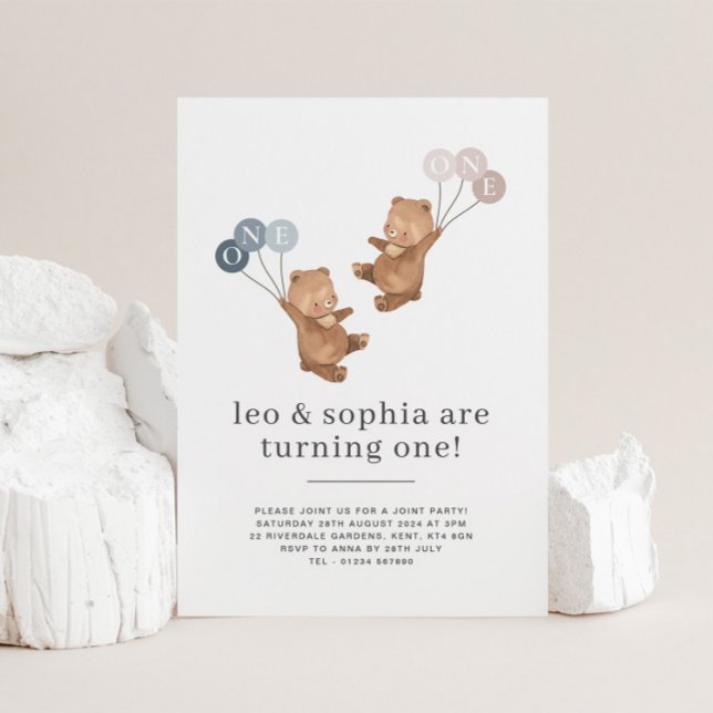 Invitation Bear Boy Girl Twins Joint 1er anniversaire Invitat (Créateur téléchargé)