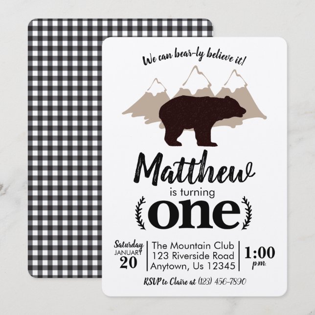 Invitation Bear Boy Premier anniversaire Lumberjack Kraft (Devant / Derrière)