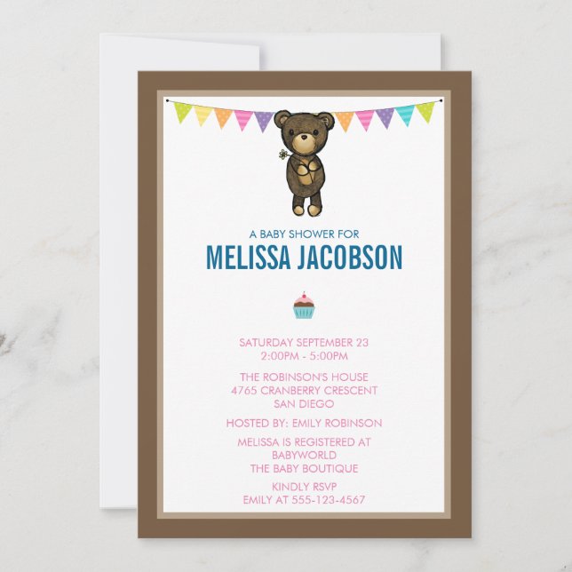 Invitation Bear Brown mignonne tenant un Baby shower de fleur (Devant)