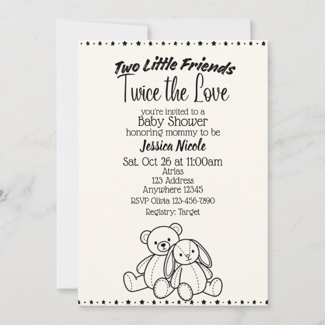 Invitation Bear & Bunny Stuffies Twin Baby Shower (Devant)