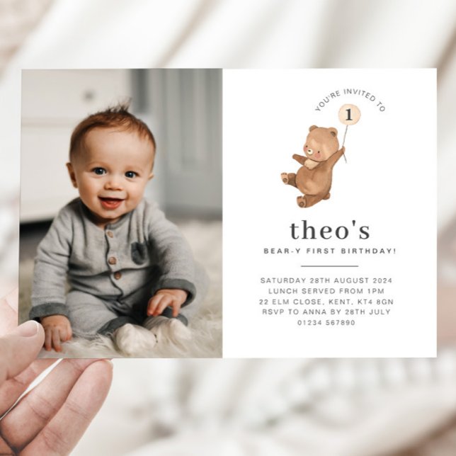 Invitation Bear Cream Balloon Photo 1er Anniversaire Invitati (Créateur téléchargé)