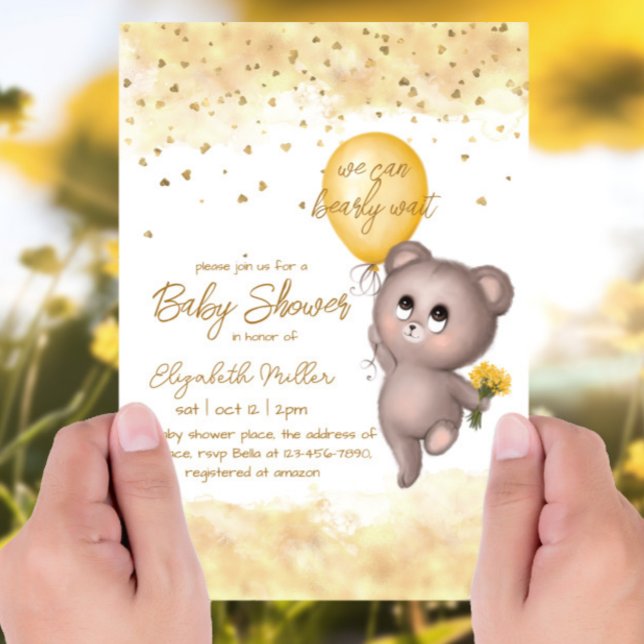 Invitation Bear Cub Balloon jaune Baby shower neutre genre (Créateur téléchargé)