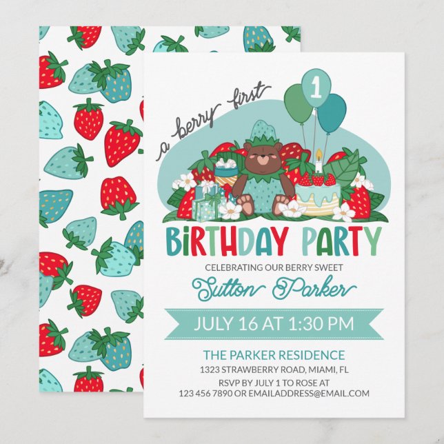 Invitation Bear Cub Bleu fraise Berry 1er anniversaire fête (Devant / Derrière)