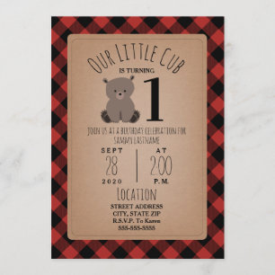 Invitation Bear Cub Lumberjack Plaid Anniversaire