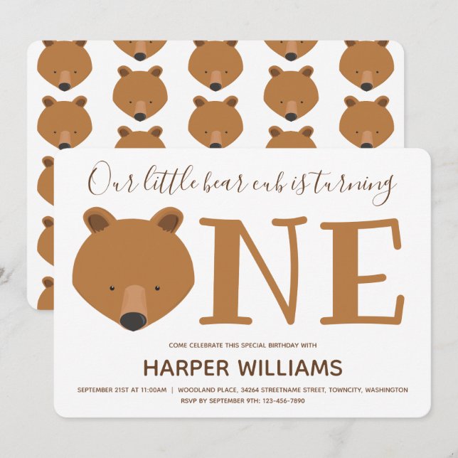 Invitation Bear Cub Turner un animal mignon 1er anniversaire (Devant / Derrière)