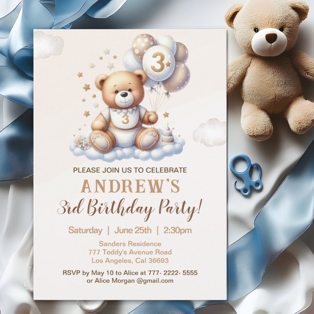 Invitation Bear Cute 3rd Birthday Party – Brown Teddy Bear (Créateur téléchargé)