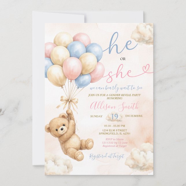 Invitation Bear Gender Reveal Pink and Blue Balloon (Devant)