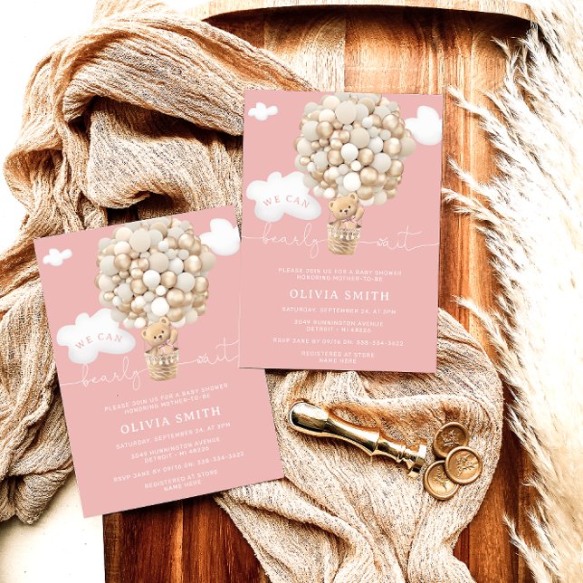 Invitation Bear Hot Air Balloon rose Fille Baby shower (Créateur téléchargé)