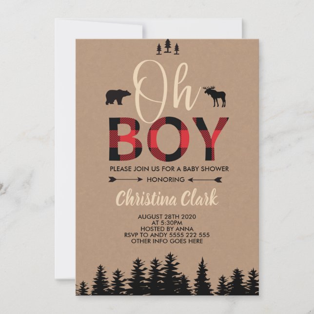 Invitation Bear Lumberjack Red Flannel Boy Baby shower (Devant)