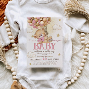 Invitation Bear Pink Balloons Bearly Wait Girl Baby shower