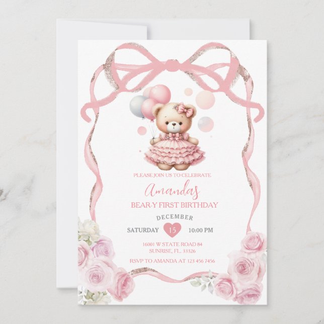 Invitation Bear Pink Bow Ribbon Premier anniversaire (Devant)