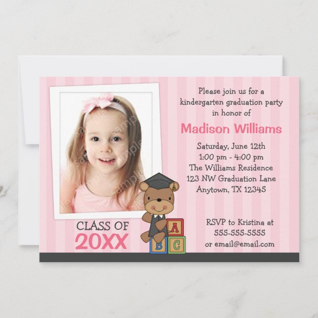 Invitation Bear Pink Stripes, une fille diplômée en photo (Devant)