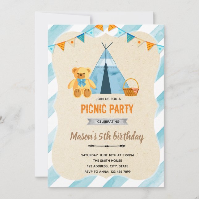 Invitation Bear pique-nique garçon fête (Devant)