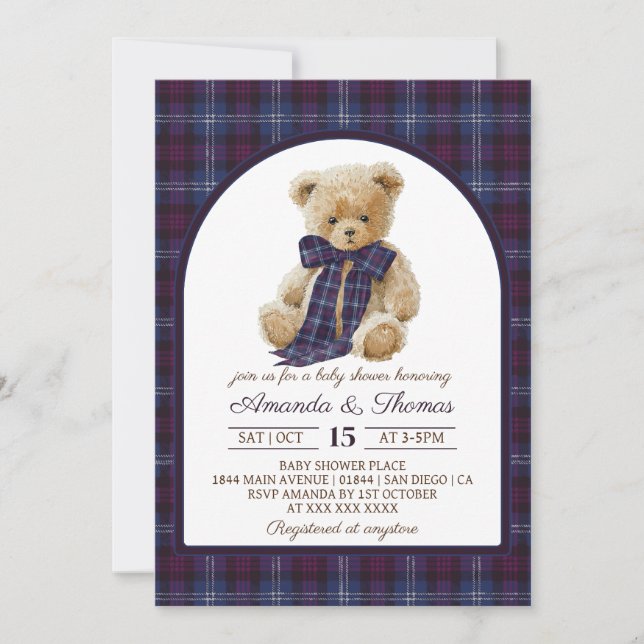 Invitation Bear Preppy Tartan Gender Neutral Baby Shower (Devant)