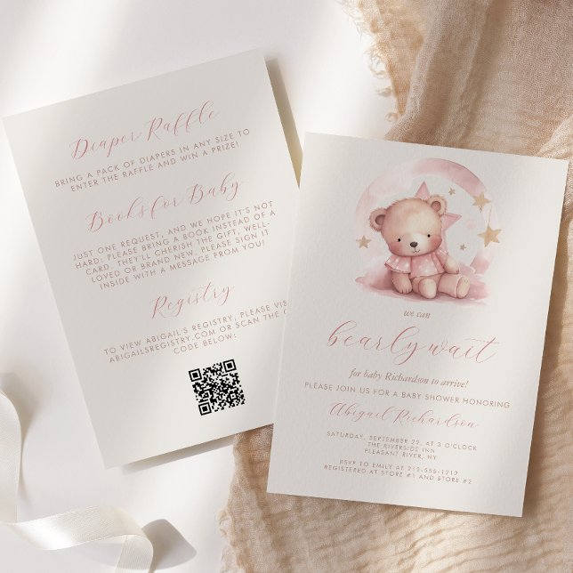 Invitation Bear rose mignonne QR Code fille Baby shower (Créateur téléchargé)