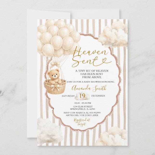 Invitation Bear Stripe Beige Balloon Heaven Sent Baby Shower  (Devant)