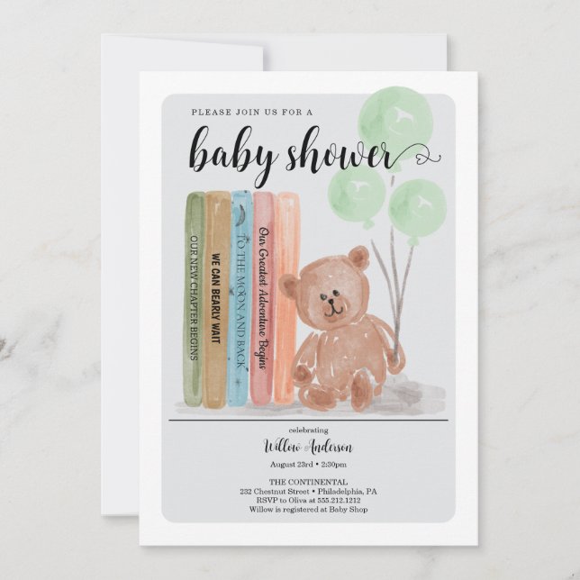 Invitation Bear with Books Bearly Wait Green Baby Shower (Devant)