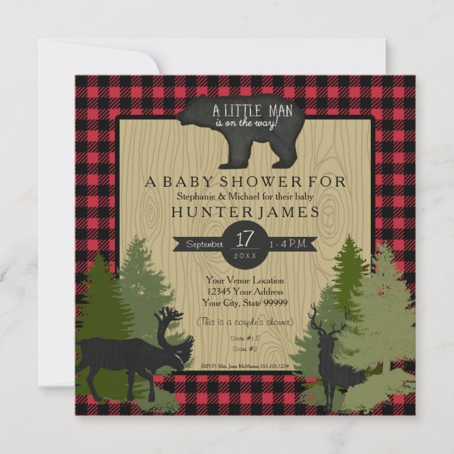 Invitation Bear Woodland Forest Lumberjack Plaid Baby shower (Devant)