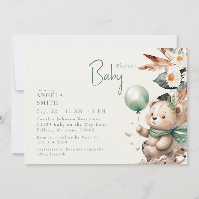Invitation Bear y Happy Green Boho Baby shower (Devant)
