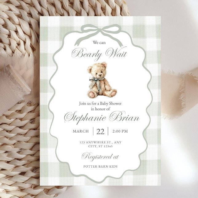Invitation Bearly Baby Shower Invite Download Sage Green Ging (Créateur téléchargé)