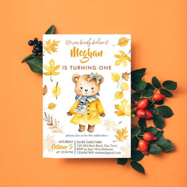 Invitation Bearly croire que la fille en peluche automne fête (Cute teddy bear bearly believe it toddler birthday party template invitation instant download  fall)