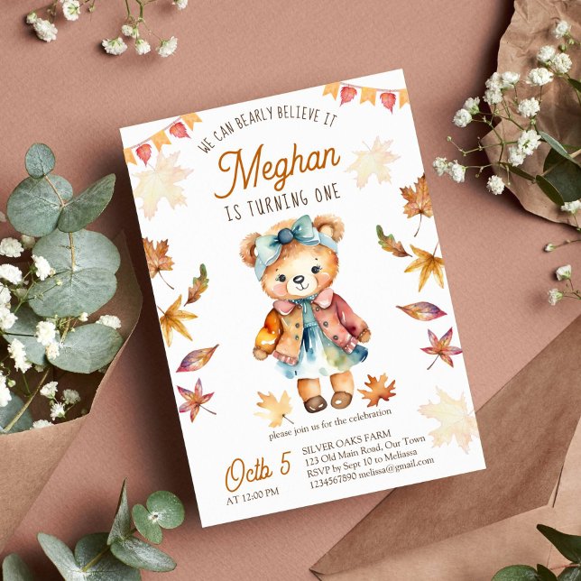 Invitation Bearly croire qu'il ours en peluche fête d'anniver (Bearly believe it teddy bear birthday party template invitation for a girl cute teddy  fall themed)