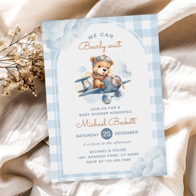 Invitation Bearly Wait Avion Teddy Bear Baby shower garçon (Créateur téléchargé)