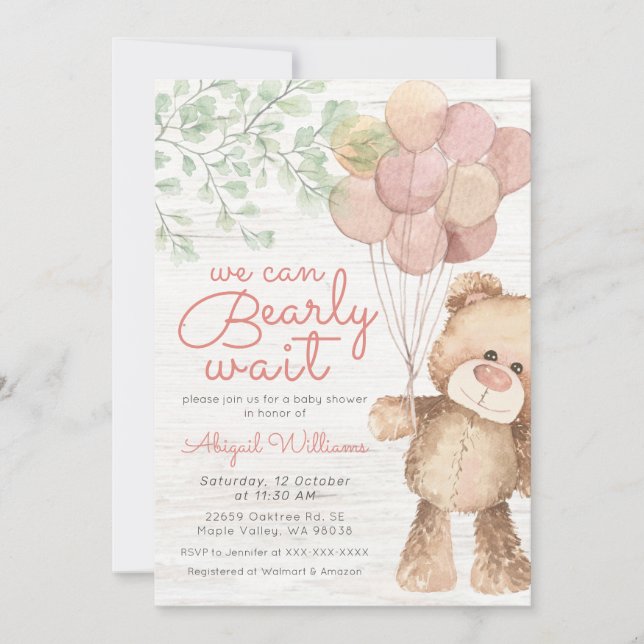 Invitation "Bearly Wait" Ballons d'ours rose, Baby shower de  (Devant)