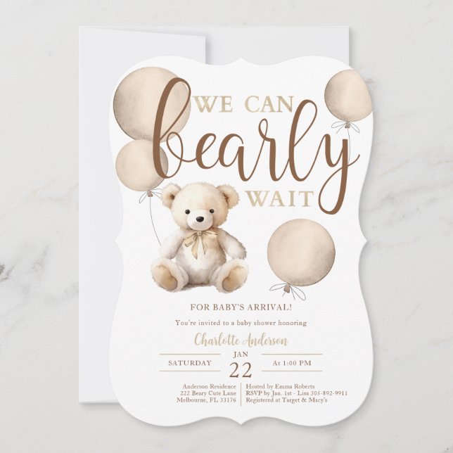 Invitation Bearly Wait Balloon Neutre Baby shower Ours Teddy (Devant)