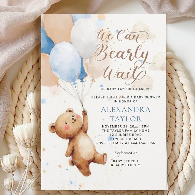 Invitation Bearly Wait Balloons Aquarelle Baby shower garçon (bearly wait baby shower invitation boy blue brown tan balloons whimsical calligraphy watercolor)