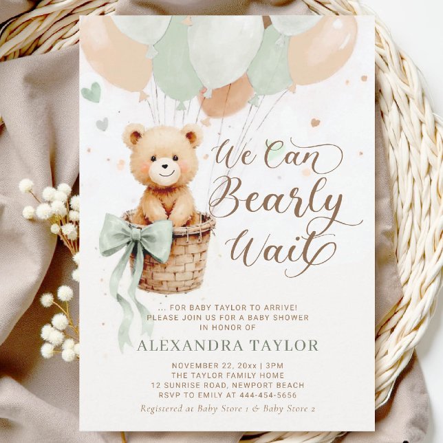 Invitation Bearly Wait Balloons Bow Sage Tan Chic Baby shower (bearly wait baby shower invitation sage green hot air balloons bow calligraphy watercolor)