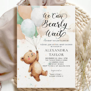 Invitation Bearly Wait Balloons Sage Tan Bear Bébé Garçon Dou