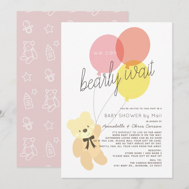 Invitation Bearly Wait Bear Baby shower rose par courrier (Devant / Derrière)