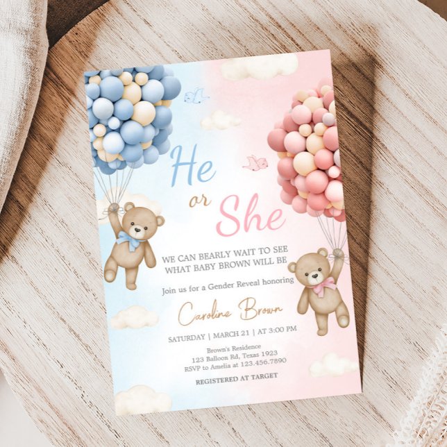 Invitation Bearly Wait Bear Balloon Gender Reveal  (Bear Balloon He or She Gender Reveal Invitation)