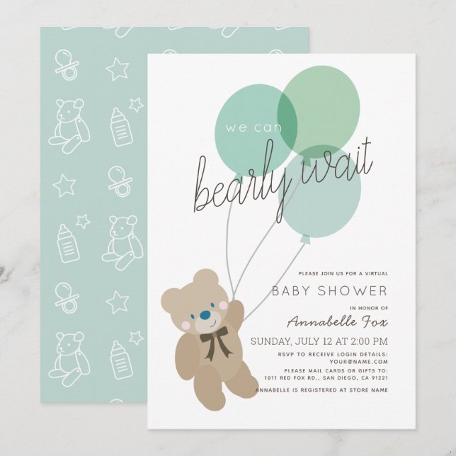 Invitation Bearly Wait Bear Mint Green Baby shower virtuel (Devant / Derrière)