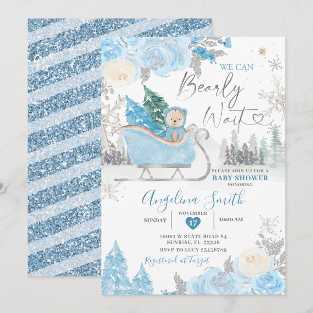 Invitation Bearly Wait Blue Snowflake Baby shower floral (Devant / Derrière)