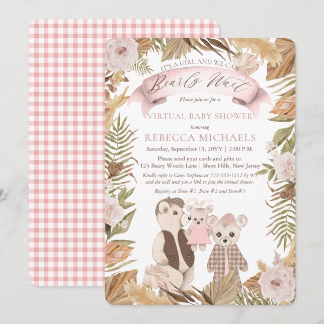 Invitation Bearly Wait Boho Bear Famille Baby shower virtuel  (Devant / Derrière)